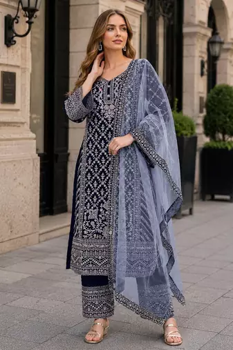 Navy georgette semi stitched suit with embroidery coding & sequin work