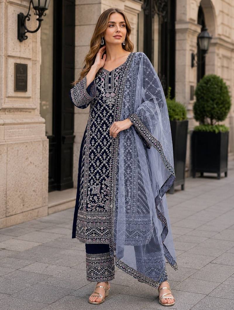 Navy georgette semi stitched suit with embroidery coding & sequence work