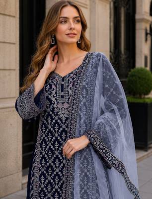 Navy georgette suit with embroidery coding & sequin work 2