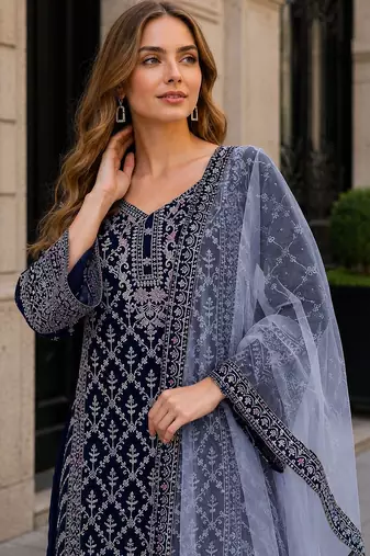 Navy georgette semi stitched suit with embroidery coding & sequin work