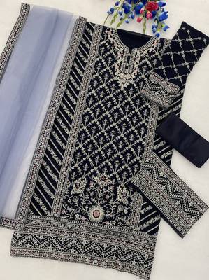 Navy georgette suit with embroidery coding & sequin work 3