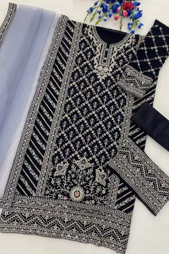 Navy georgette semi stitched suit with embroidery coding & sequin work