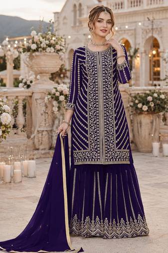Violet georgette semi stitched suit with embroidery coding & sequence work