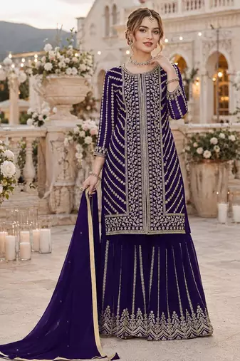 Violet georgette semi stitched suit with embroidery coding & sequin work
