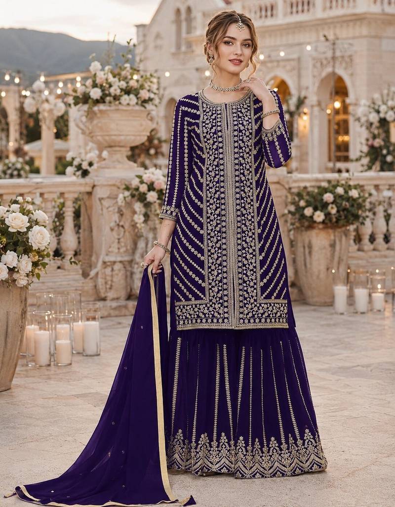 Violet georgette semi stitched suit with embroidery coding & sequence work