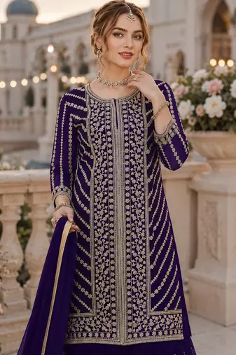 Violet georgette semi stitched suit with embroidery coding & sequin work