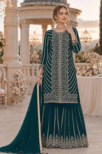 green georgette semi stitched suit with embroidery coding & sequence work