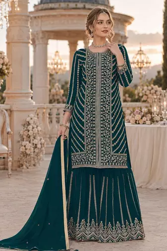 green georgette suit with embroidery coding & sequin work