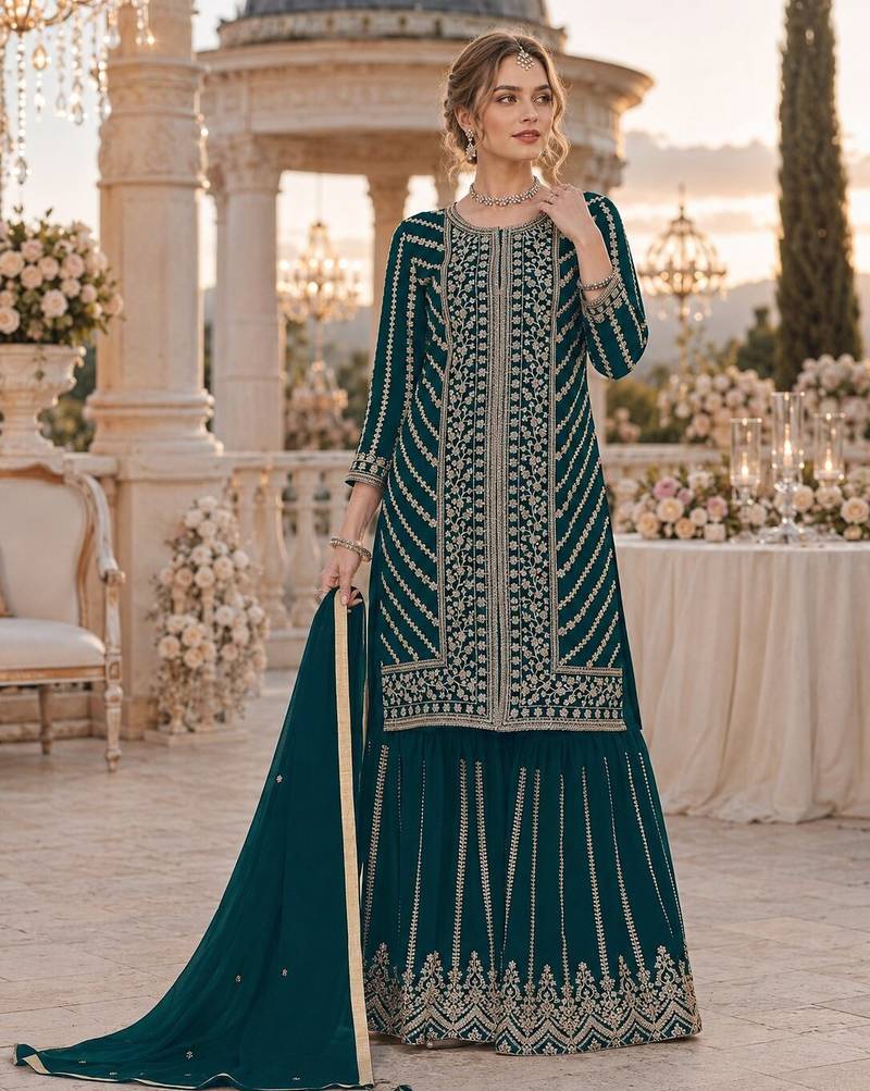 green georgette semi stitched suit with embroidery coding & sequence work