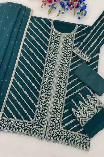 green georgette suit with embroidery coding & sequin work