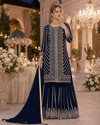 D blue georgette suit with embroidery coding & sequin work 1