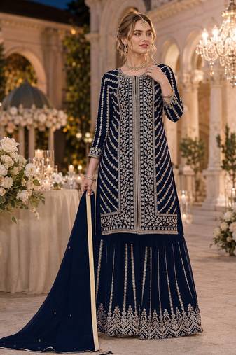 D blue georgette semi stitched suit with embroidery coding & sequence work