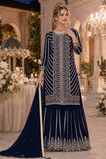 D blue georgette suit with embroidery coding & sequin work