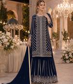 D blue georgette semi stitched suit with embroidery coding & sequence work