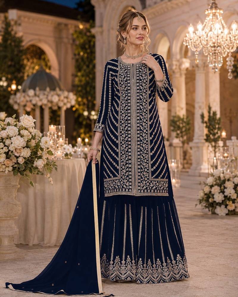 D blue georgette semi stitched suit with embroidery coding & sequence work
