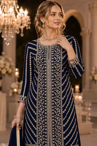 D blue georgette suit with embroidery coding & sequin work