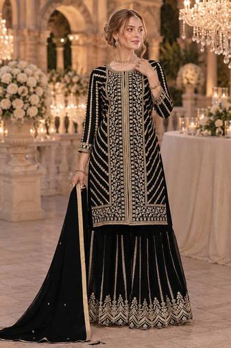 Black georgette semi stitched suit with embroidery coding & sequence work