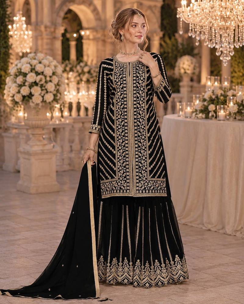 Black georgette semi stitched suit with embroidery coding & sequence work