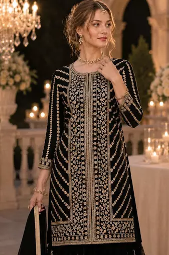 Black georgette suit with embroidery coding & sequin work