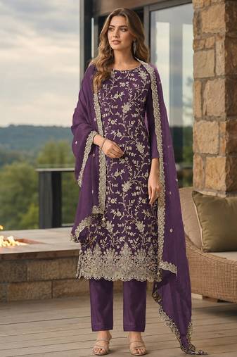 Puprle embroderied silk semi-stitched salwar suit