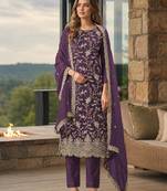 Puprle embroderied silk semi-stitched salwar suit