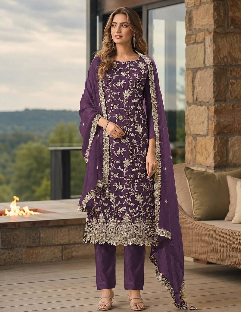Puprle embroderied silk semi-stitched salwar suit