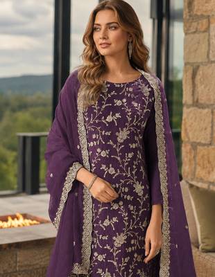 Puprle embroderied silk semi-stitched salwar suit 2