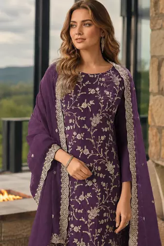 Puprle embroderied silk semi-stitched salwar suit