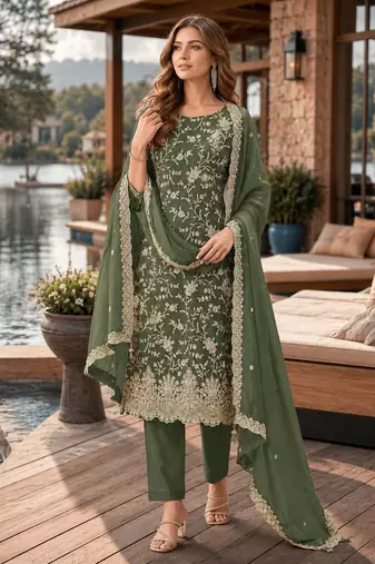 Mehndi embroderied silk semi-stitched salwar suit