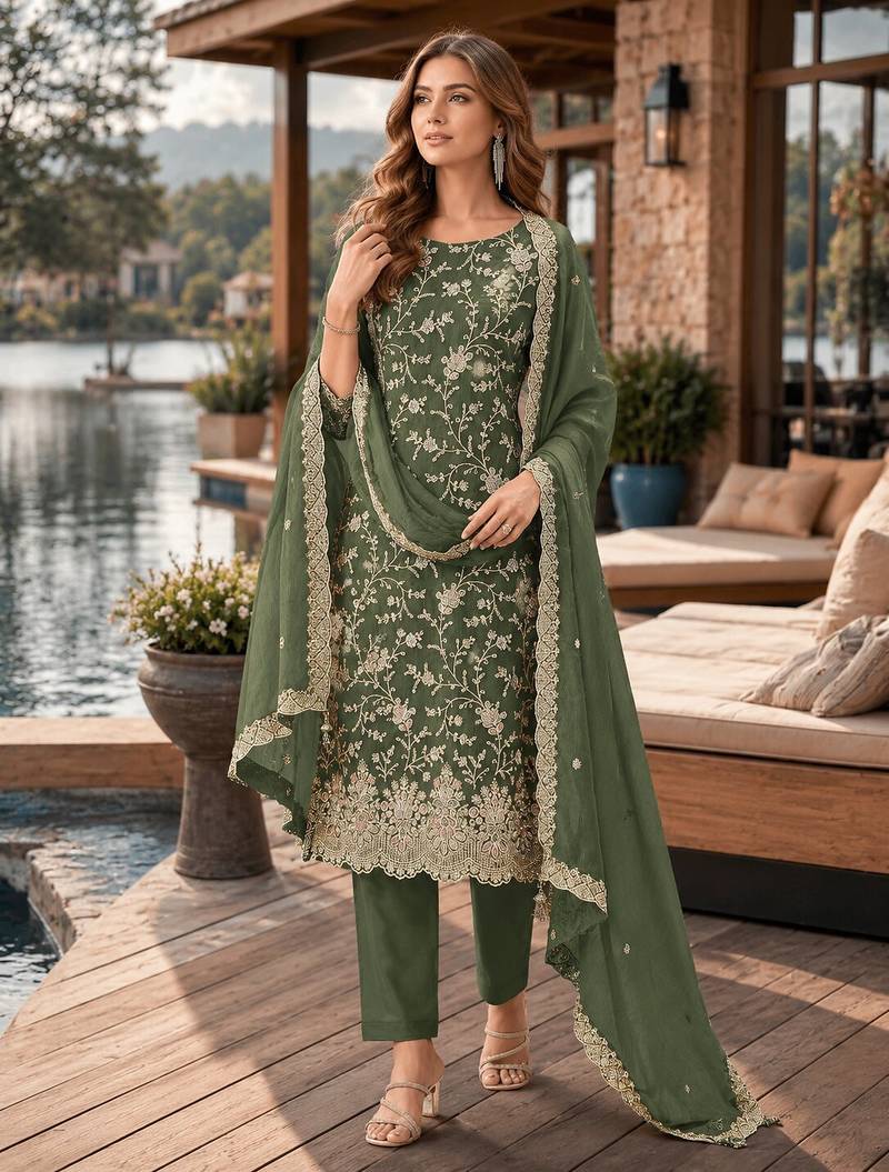 Mehndi embroderied silk semi-stitched salwar suit