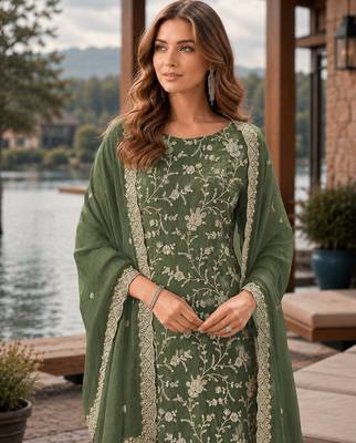 Mehndi embroderied silk semi-stitched salwar suit 2