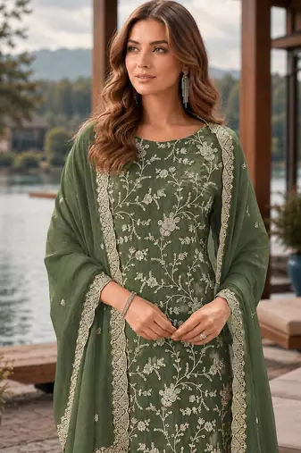 Mehndi embroderied silk semi-stitched salwar suit