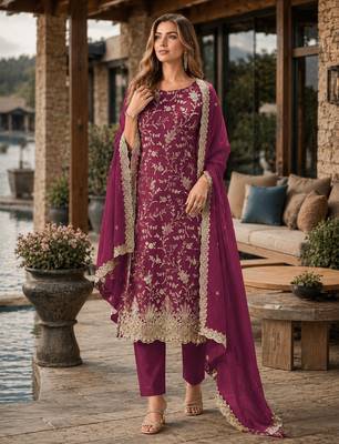 Maroon embroderied silk semi-stitched salwar suit 1