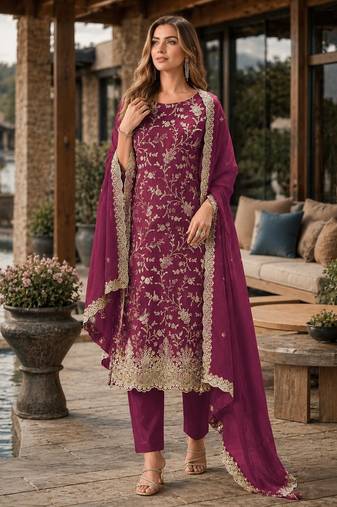 Maroon embroderied silk semi-stitched salwar suit