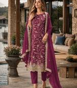 Maroon embroderied silk semi-stitched salwar suit