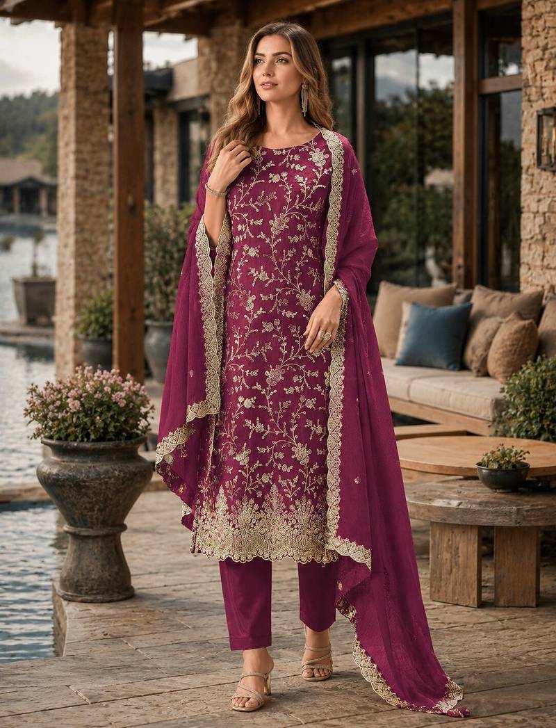 Maroon embroderied silk semi-stitched salwar suit