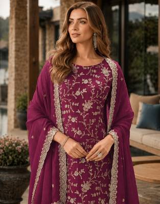 Maroon embroderied silk semi-stitched salwar suit 2