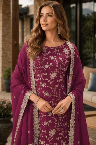 Maroon embroderied silk semi-stitched salwar suit