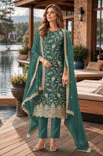 Teal green embroderied silk semi-stitched salwar suit