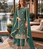 Teal green embroderied silk semi-stitched salwar suit