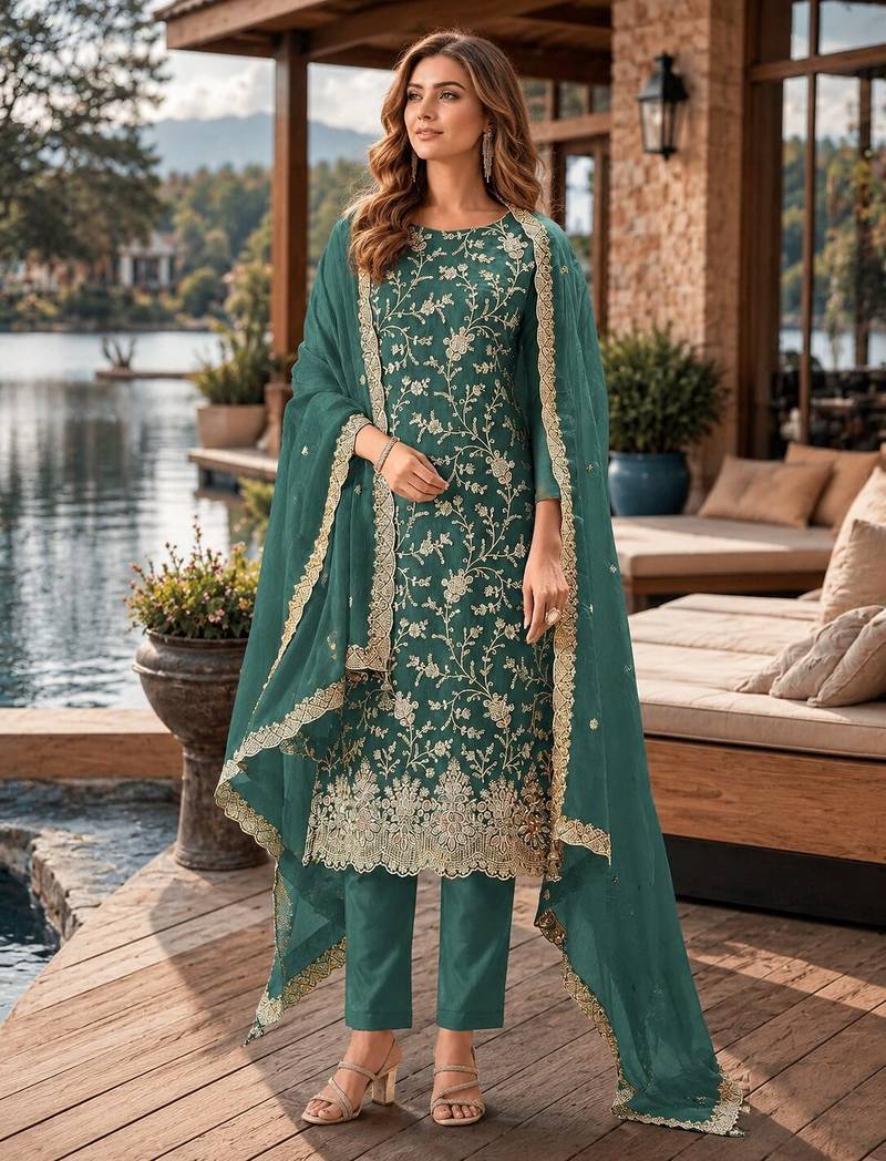 Teal green embroderied silk semi-stitched salwar suit