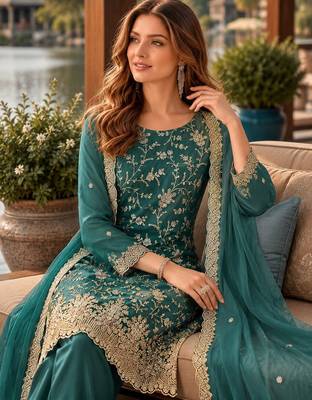 Teal green embroderied silk semi-stitched salwar suit 2