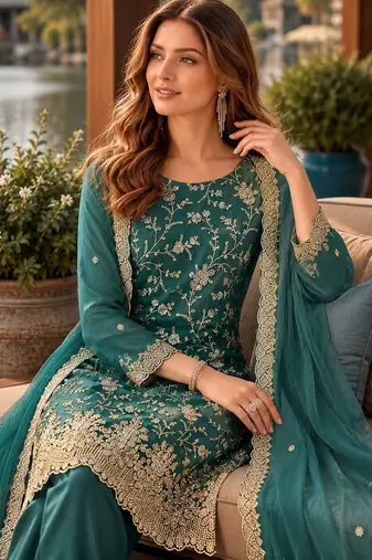 Teal green embroderied silk semi-stitched salwar suit