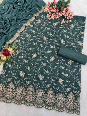Teal green embroderied silk semi-stitched salwar suit 3