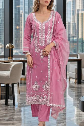 Pink embroderied silk semi-stitched salwar suit