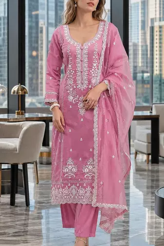 Pink embroderied silk semi-stitched salwar suit