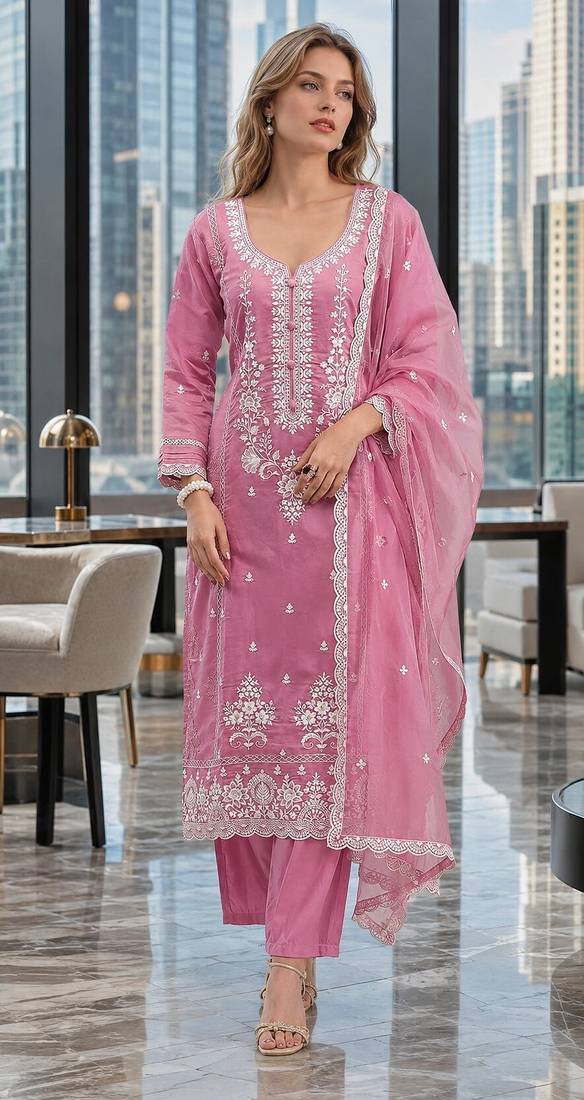 Pink  embroderied silk semi-stitched salwar suit