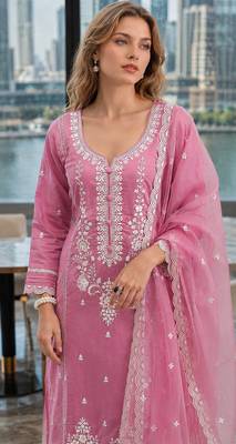 Pink embroderied silk semi-stitched salwar suit 2