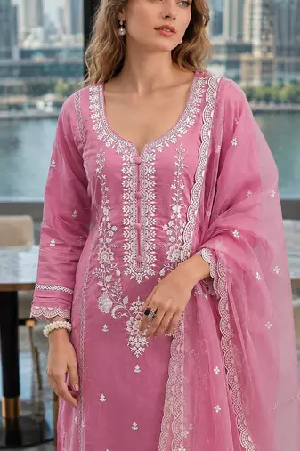 Pink embroderied silk semi-stitched salwar suit