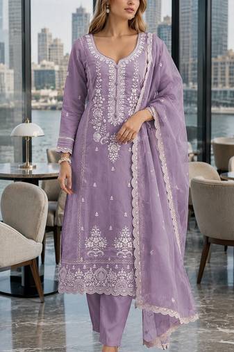 Light-lavender embroderied silk semi-stitched salwar suit